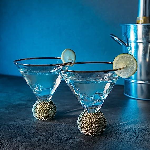 Diamond Studded Martini Glasses Set of 2 - The Wine Savant - Gold Rimmed Modern Cocktail Glass, Rhinestone Diamonds With Stemless Crystal Ball Base, Bar or Party 10.5oz, Swarovski Style Crystals by The Wine Savant - Vysn