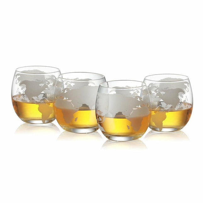 Etched World Globe Glasses 10 oz -Set of 4 by The Wine Savant, Wine, Whiskey, Scotch, Vodka Water or Juice Old Fashion Glasses, World Glasses Etched Globe by The Wine Savant - Vysn