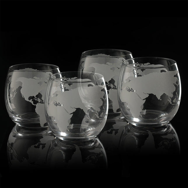 Etched World Globe Glasses 10 oz -Set of 4 by The Wine Savant, Wine, Whiskey, Scotch, Vodka Water or Juice Old Fashion Glasses, World Glasses Etched Globe by The Wine Savant - Vysn