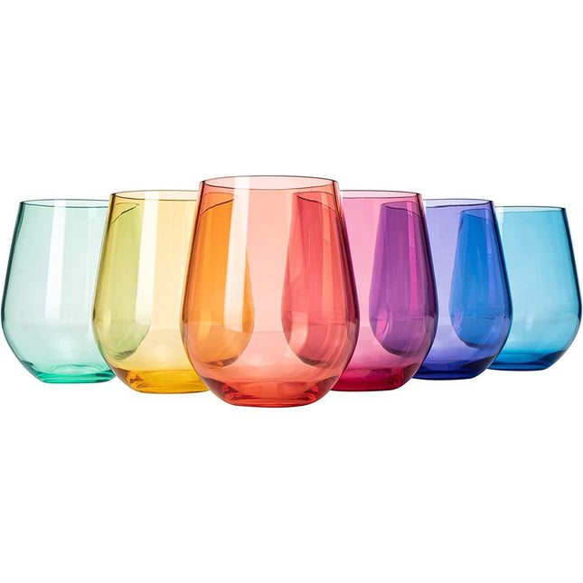 European Style Crystal, Stemless Wine Glasses, Acrylic Glasses Tritan Drinkware, Unbreakable Colored, 6 - Set - Shatterproof BPA-free plastic, Reusable, All Purpose Glassware, 15oz by The Wine Savant - Vysn