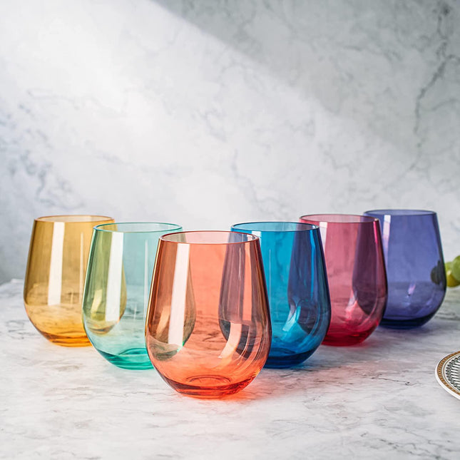 European Style Crystal, Stemless Wine Glasses, Acrylic Glasses Tritan Drinkware, Unbreakable Colored, 6 - Set - Shatterproof BPA-free plastic, Reusable, All Purpose Glassware, 15oz by The Wine Savant - Vysn