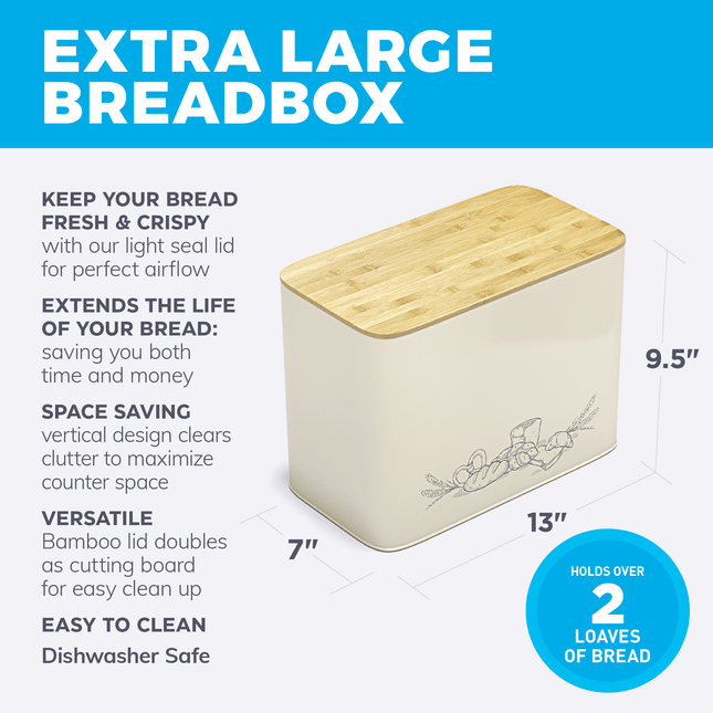 Extra Large Space Saving Vertical Cream White Bread Bin with Eco Bamboo Cutting Board Lid - Holds 2 Loaves - White Extra Large Farmhouse Bread Bins by Cooler Kitchen - Vysn