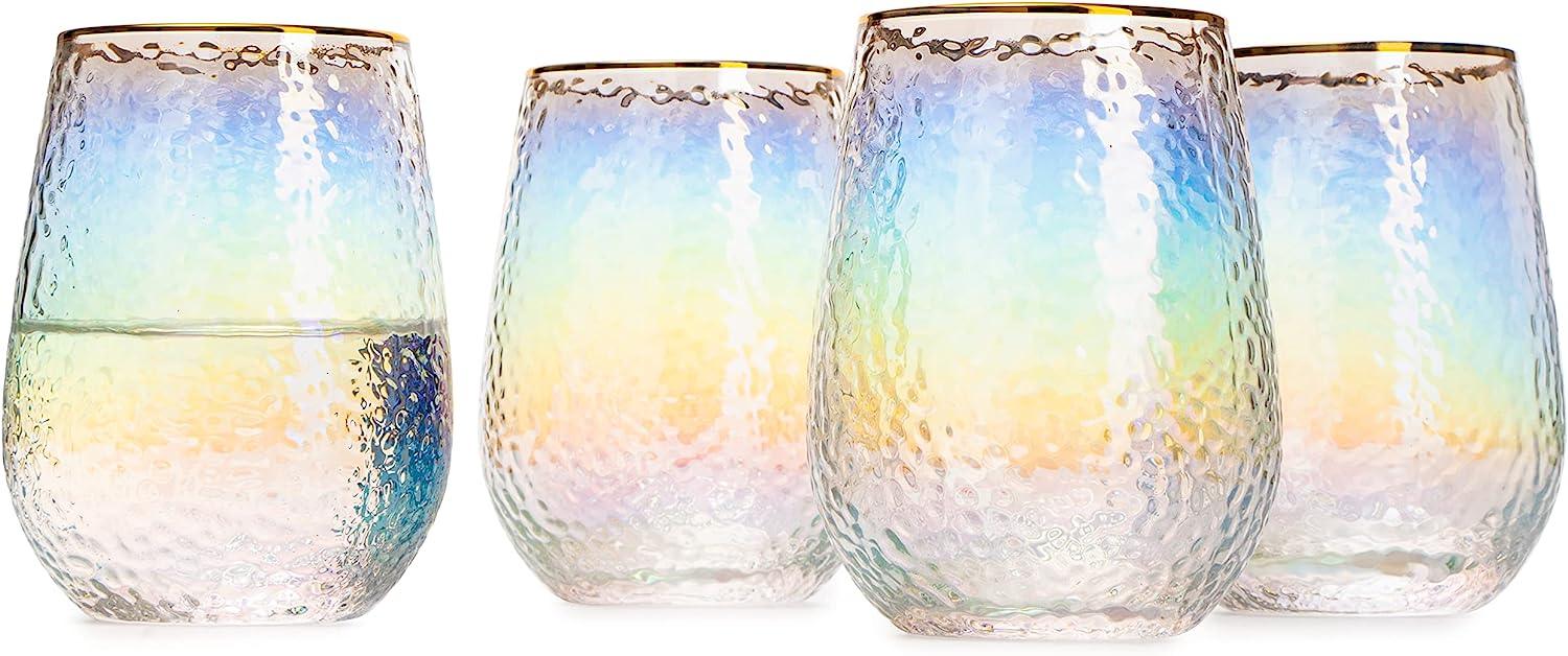 Festive Lustered Iridescent Stemless Wine & Water Glasses - Set of 4-100% Glass 15oz Mouthblown Colorful Glasses - Anniversaries, Birthday Gift, Cocktail Party Radiance - Water, Whiskey, Juice, Gift by The Wine Savant - Vysn