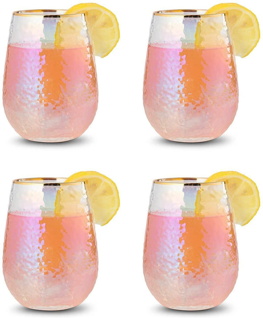Festive Lustered Iridescent Stemless Wine & Water Glasses - Set of 4-100% Glass 15oz Mouthblown Colorful Glasses - Anniversaries, Birthday Gift, Cocktail Party Radiance - Water, Whiskey, Juice, Gift by The Wine Savant - Vysn