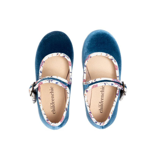 Floral Velvet Mary Janes in Blue by childrenchic - Vysn