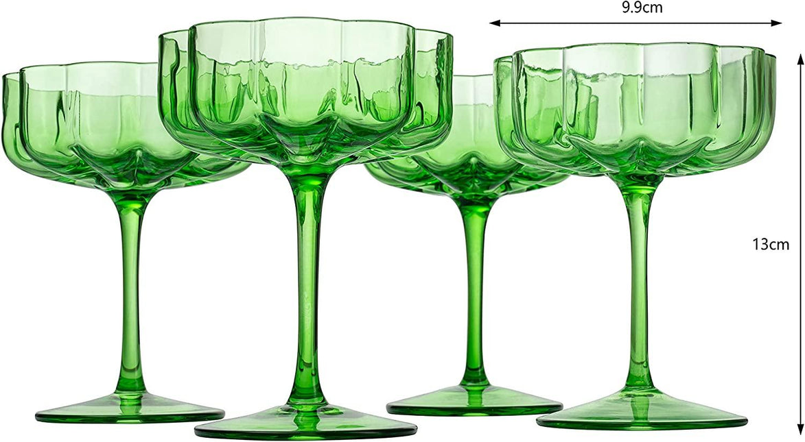 Flower Vintage Wavy Petals Wave Glass Coupes 7oz Colorful Cocktail, - Set of 4 - Rippled & Champagne Glasses, Prosecco, Martini, Mimosa, Cocktail Set, Bar Glassware Copyright & Patent Pending (Green) by The Wine Savant - Vysn