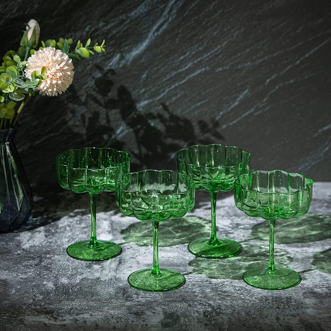 Flower Vintage Wavy Petals Wave Glass Coupes 7oz Colorful Cocktail, - Set of 4 - Rippled & Champagne Glasses, Prosecco, Martini, Mimosa, Cocktail Set, Bar Glassware Copyright & Patent Pending (Green) by The Wine Savant - Vysn