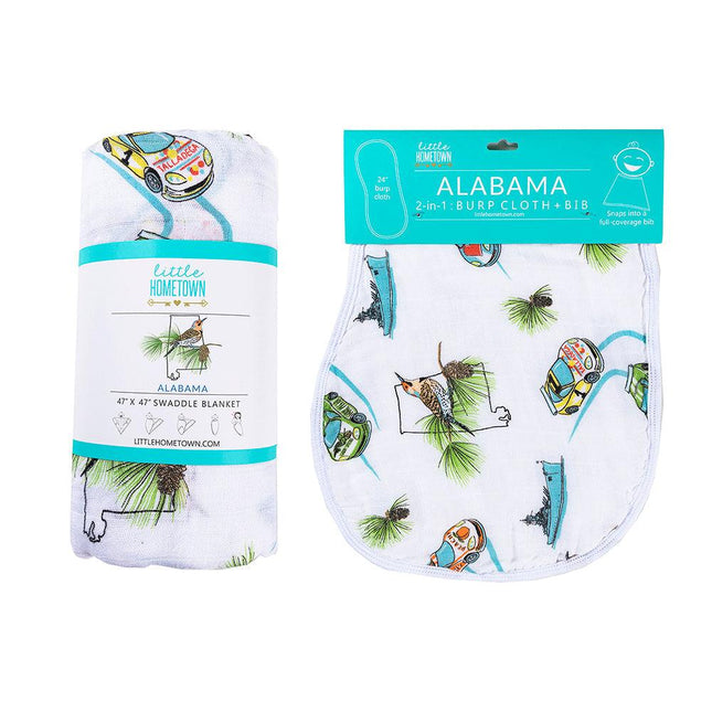 Gift Set: Alabama Baby Muslin Swaddle Blanket and Burp Cloth/Bib Combo by Little Hometown - Vysn