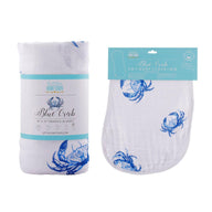 Gift Set: Blue Crab Baby Muslin Swaddle Blanket and Burp Cloth/Bib Combo by Little Hometown - Vysn