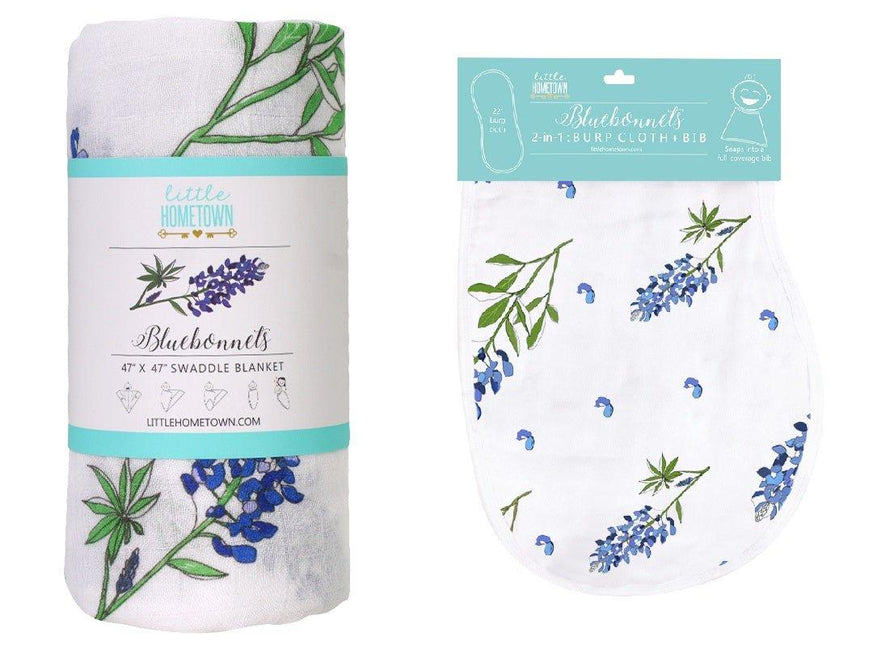 Gift Set: Bluebonnets Baby Muslin Swaddle Blanket and Burp Cloth/Bib Combo by Little Hometown - Vysn