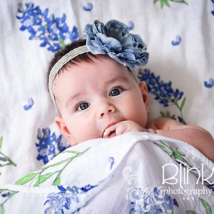 Gift Set: Bluebonnets Baby Muslin Swaddle Blanket and Burp Cloth/Bib Combo by Little Hometown - Vysn