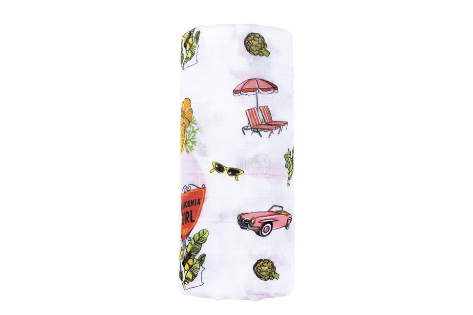 Gift Set: California Girl Muslin Swaddle Blanket and Burp Cloth/Bib Combo by Little Hometown - Vysn