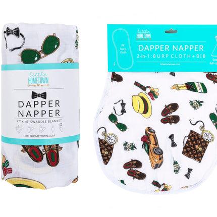 Gift Set: Dapper Napper Baby Muslin Swaddle Blanket and Burp Cloth/Bib Combo by Little Hometown - Vysn
