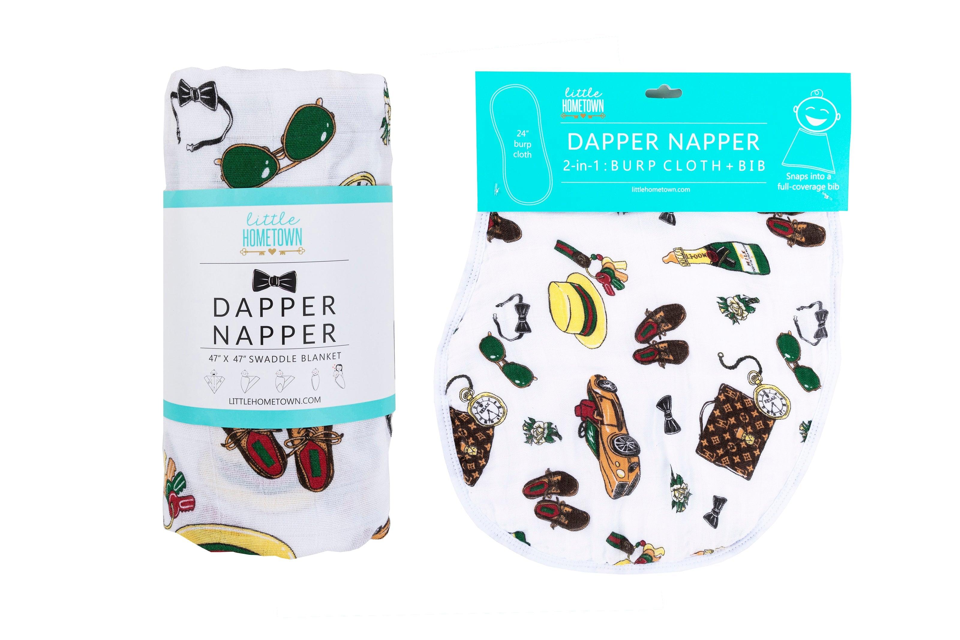 Gift Set: Dapper Napper Baby Muslin Swaddle Blanket and Burp Cloth/Bib Combo by Little Hometown - Vysn