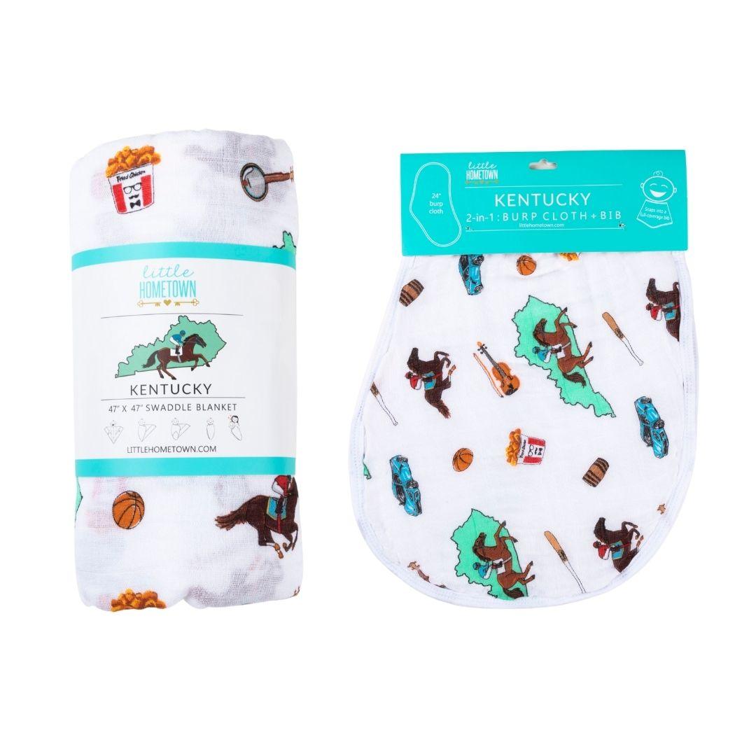 Gift Set: Kentucky Baby Muslin Swaddle Blanket and Burp Cloth/Bib Combo by Little Hometown - Vysn