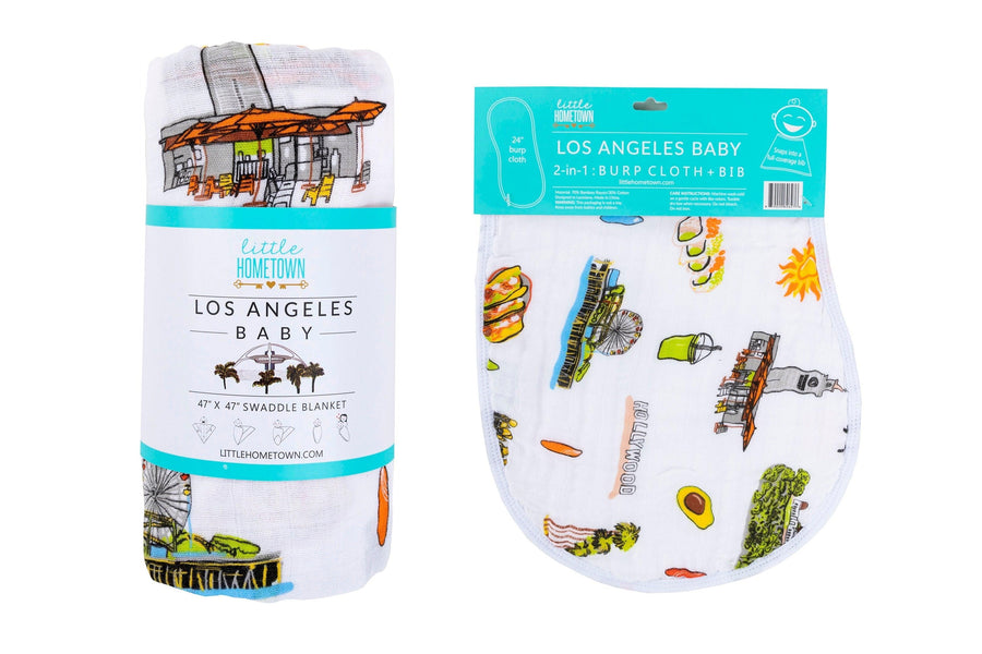 Gift Set: Los Angeles Baby Muslin Swaddle Blanket and Burp Cloth/Bib Combo by Little Hometown - Vysn