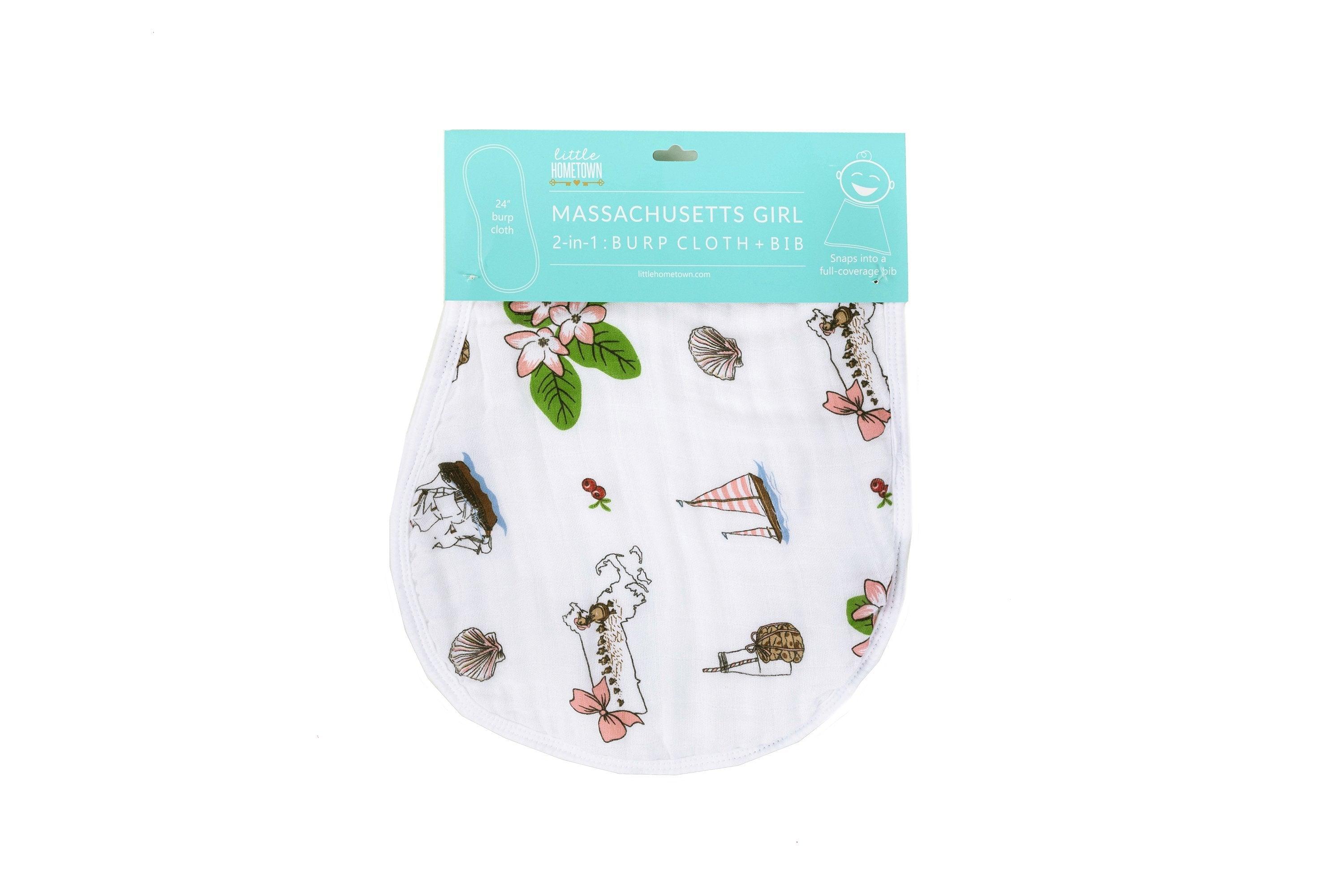 Gift Set: Massachusetts Floral Baby Muslin Swaddle Blanket and Burp Cloth/Bib Combo by Little Hometown - Vysn