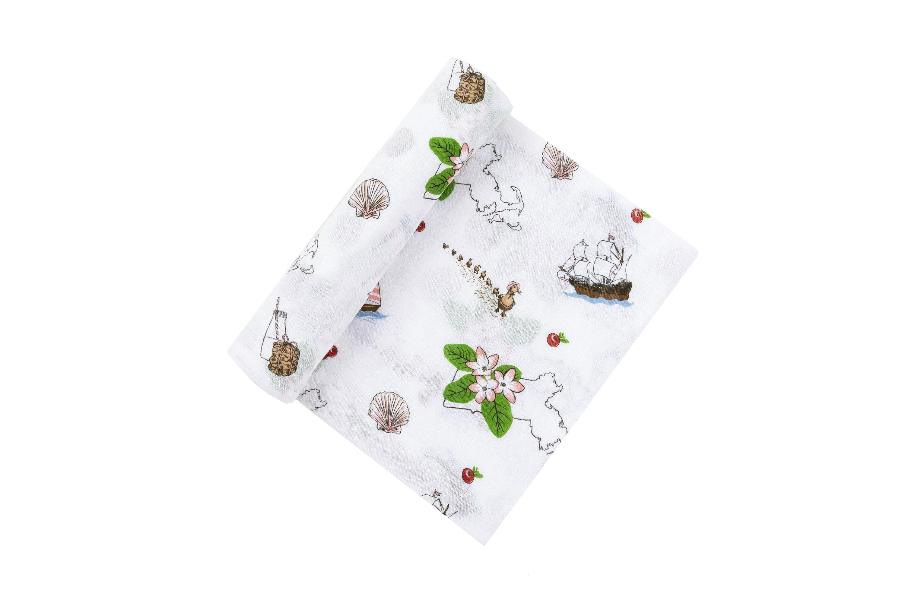 Gift Set: Massachusetts Floral Baby Muslin Swaddle Blanket and Burp Cloth/Bib Combo by Little Hometown - Vysn
