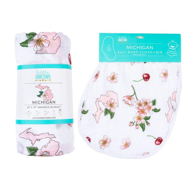 Gift Set: Michigan Baby Muslin Swaddle Blanket and Burp Cloth/Bib Combo (Floral) by Little Hometown - Vysn
