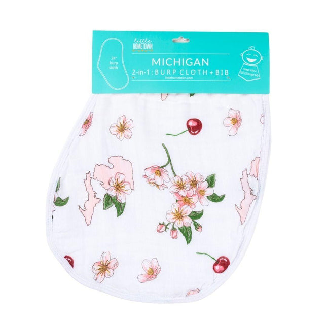 Gift Set: Michigan Baby Muslin Swaddle Blanket and Burp Cloth/Bib Combo (Floral) by Little Hometown - Vysn