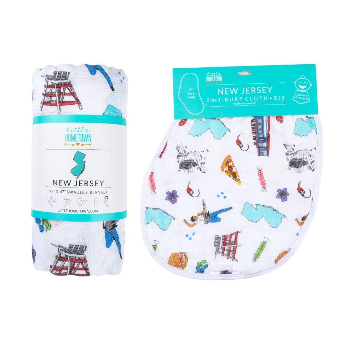 Gift Set: New Jersey Baby Muslin Swaddle Blanket and Burp Cloth/Bib Combo by Little Hometown - Vysn
