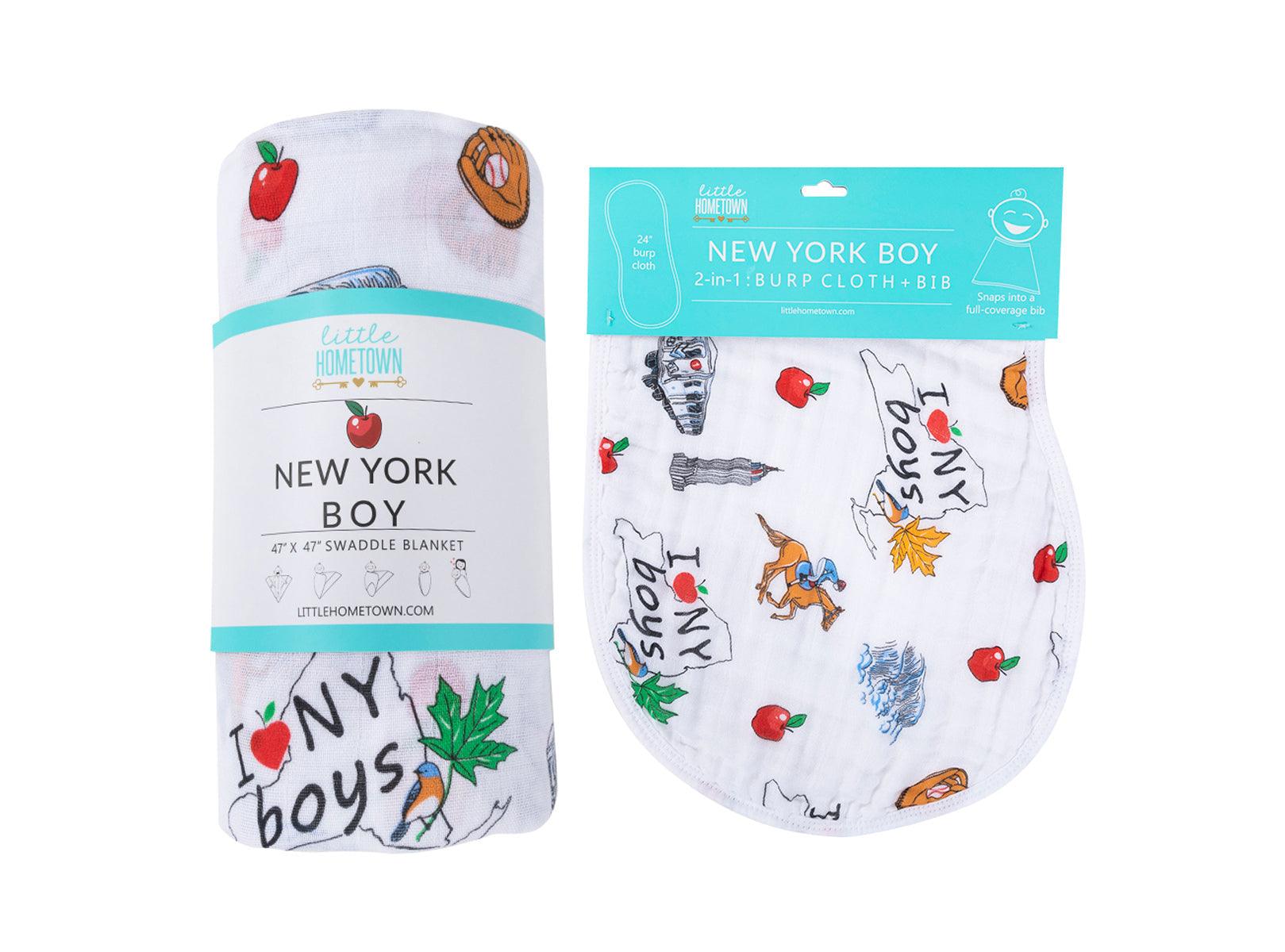 Gift Set: New York Baby Boy Muslin Swaddle Blanket and Burp Cloth/Bib Combo by Little Hometown - Vysn