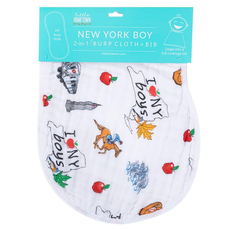 Gift Set: New York Baby Boy Muslin Swaddle Blanket and Burp Cloth/Bib Combo by Little Hometown - Vysn