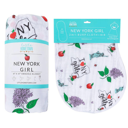 Gift Set: New York Girl Baby Muslin Swaddle Blanket and Burp Cloth/Bib Combo by Little Hometown - Vysn