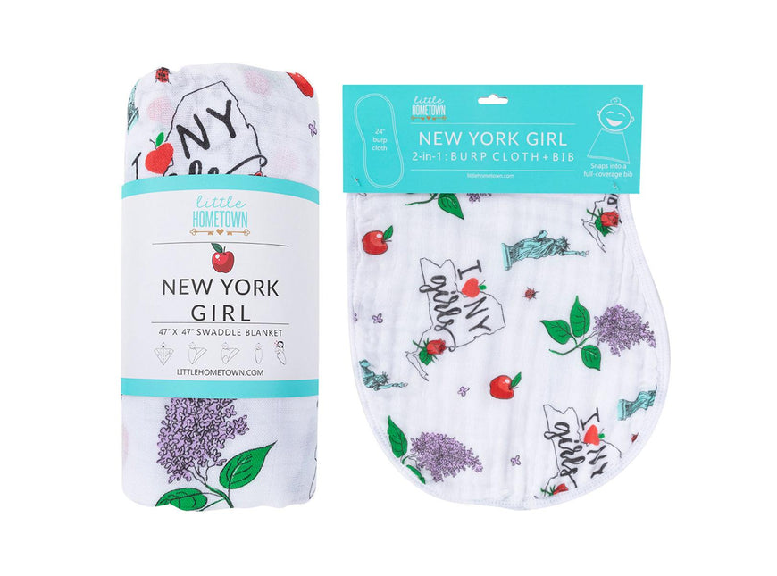 Gift Set: New York Girl Baby Muslin Swaddle Blanket and Burp Cloth/Bib Combo by Little Hometown - Vysn