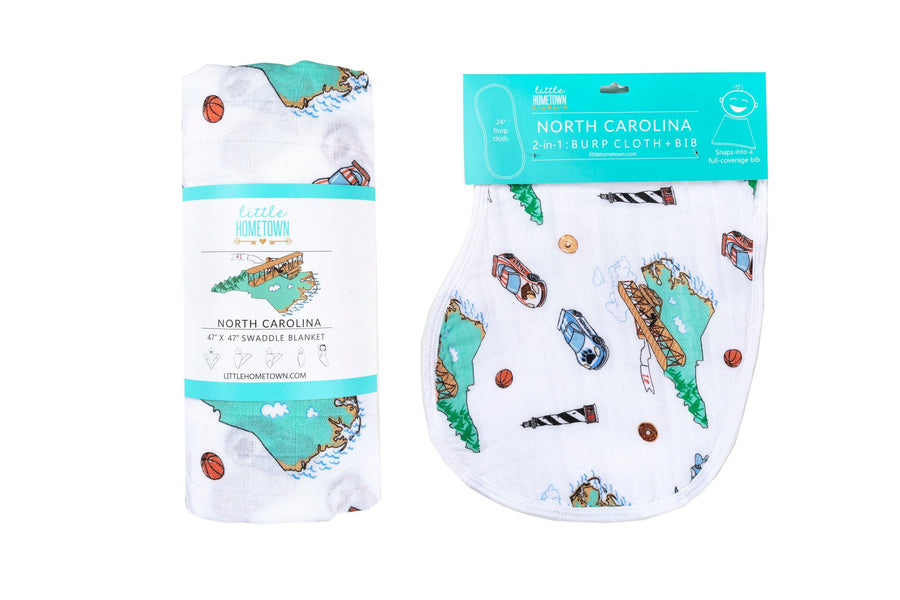 Gift Set: North Carolina Baby Muslin Swaddle Blanket and Burp Cloth/Bib Combo by Little Hometown - Vysn