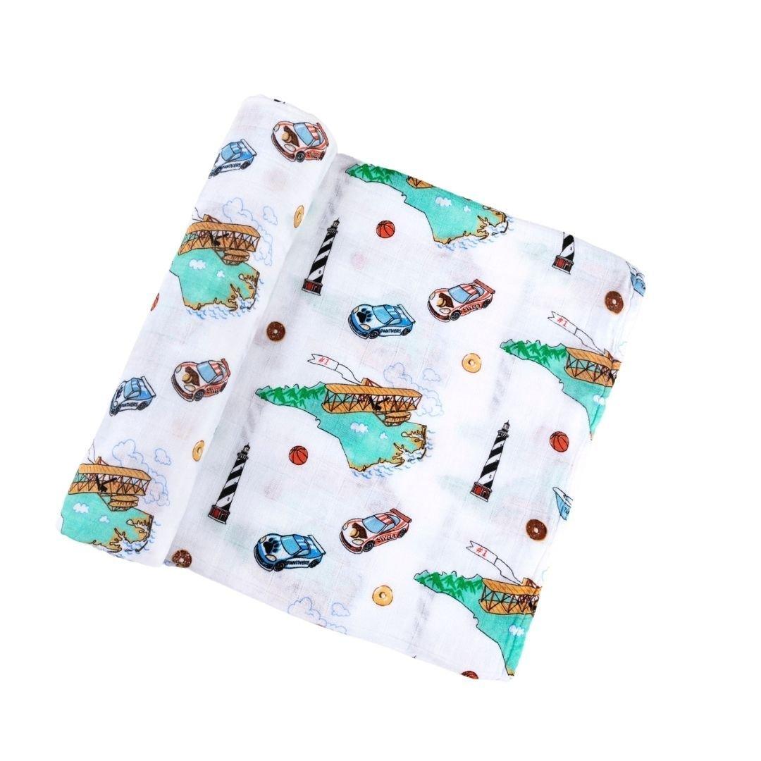 Gift Set: North Carolina Baby Muslin Swaddle Blanket and Burp Cloth/Bib Combo by Little Hometown - Vysn