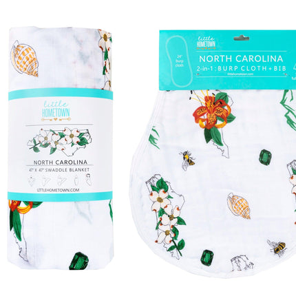 Gift Set: North Carolina Baby Muslin Swaddle Blanket and Burp Cloth/Bib Combo (Floral) by Little Hometown - Vysn