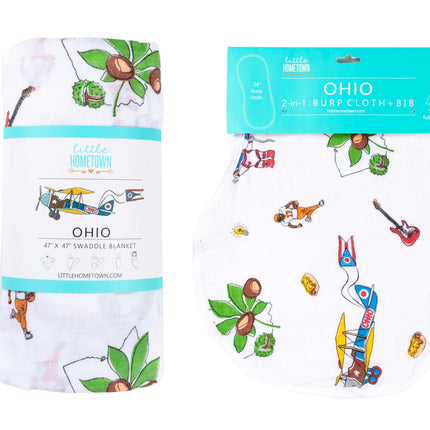 Gift Set: Ohio Baby Muslin Swaddle Receiving Blanket and Burp Cloth / Bib Combo by Little Hometown - Vysn