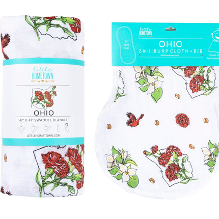 Gift Set: Ohio Baby Muslin Swaddle Receiving Blanket (Floral) and Burp/Bib Combo by Little Hometown - Vysn