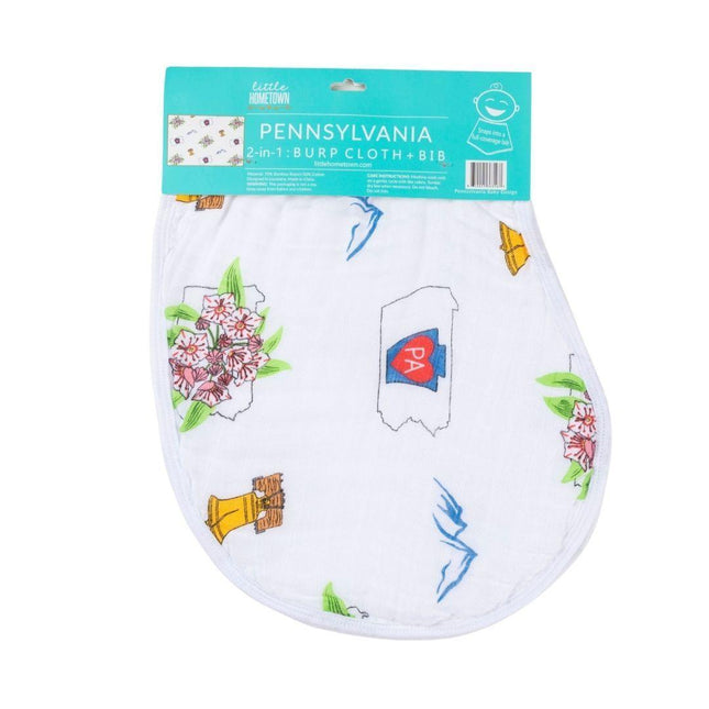 Gift Set: Pennsylvania Baby Muslin Swaddle Blanket and Burp Cloth/Bib Combo by Little Hometown - Vysn