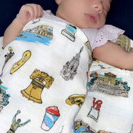 Gift Set: Philadelphia Baby Muslin Swaddle Blanket and Burp Cloth/Bib Combo by Little Hometown - Vysn