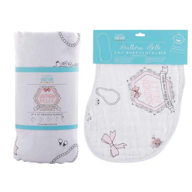 Gift Set: Southern Belle Baby Muslin Swaddle Blanket and Burp Cloth/Bib Combo by Little Hometown - Vysn