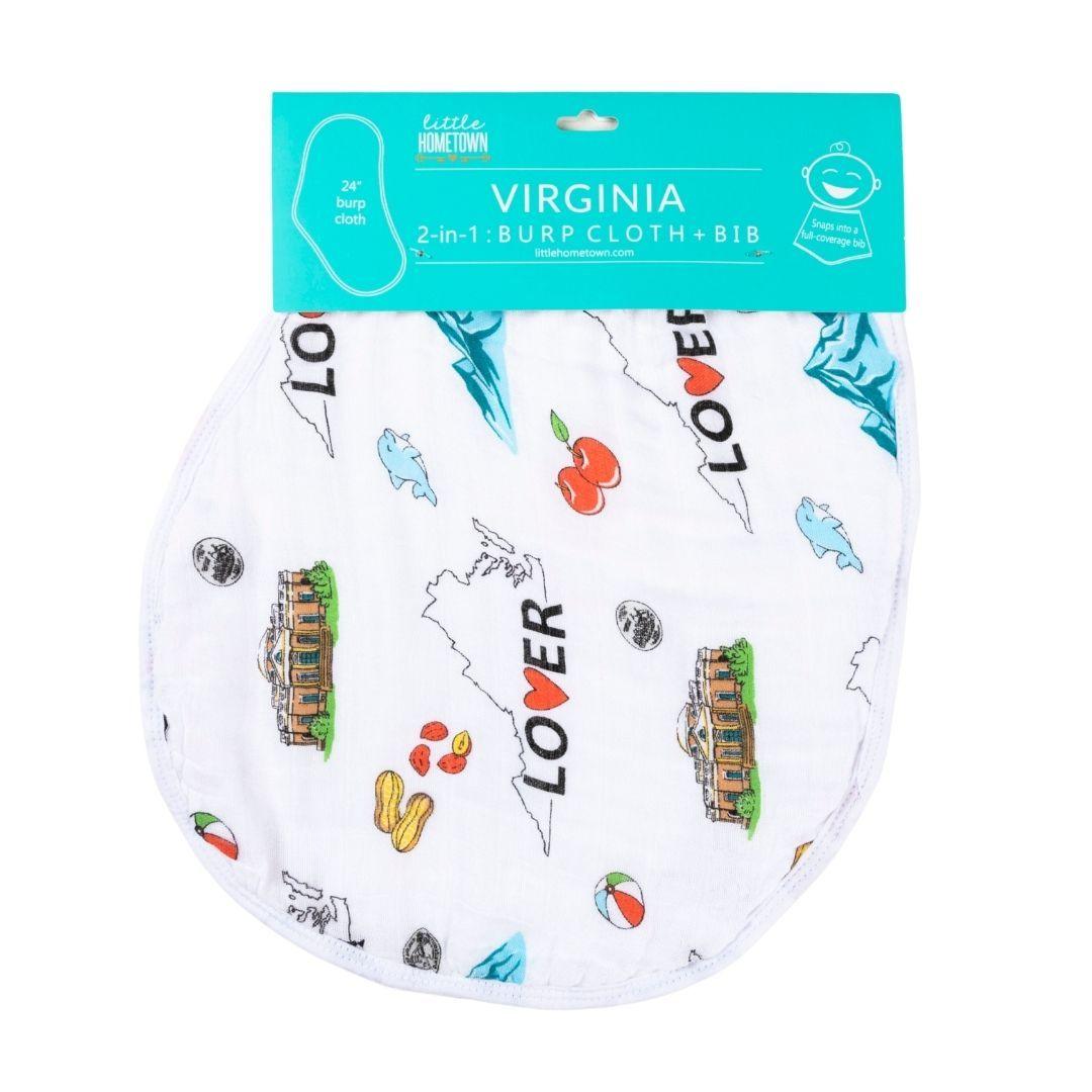 Gift Set: Virginia Baby Muslin Swaddle Blanket and Burp Cloth/Bib Combo by Little Hometown - Vysn