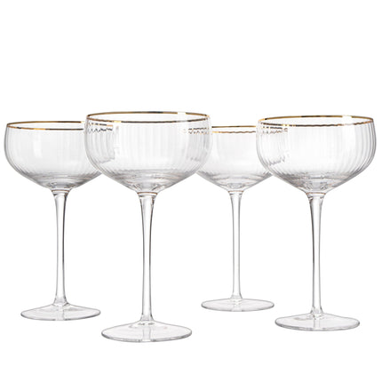 Gold Rim Glasses 7 oz, Set of 4 Gold Rim Classic Manhattan Glasses For Martini, Cocktails, Champagne, Wine - The Wine Savant (Ribbed) by The Wine Savant - Vysn