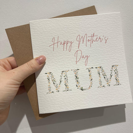 Happy Mothers Day Mum Pink Floral Letters Mothers Day Cute Funny Humorous Hammered Card & Envelope by WinsterCreations™ Official Store - Vysn