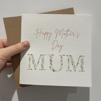 Happy Mothers Day Mum Pink Floral Letters Mothers Day Cute Funny Humorous Hammered Card & Envelope by WinsterCreations™ Official Store - Vysn