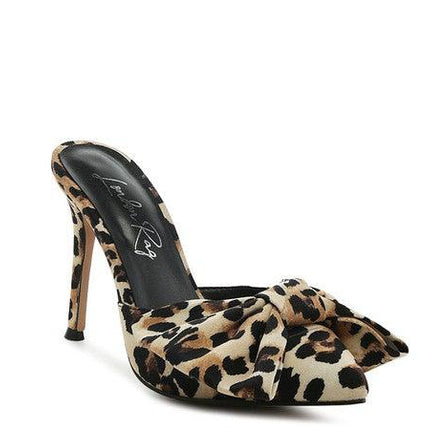 Joelle High Heel Bow Tie Leopard Print Mules by Blak Wardrob - Vysn