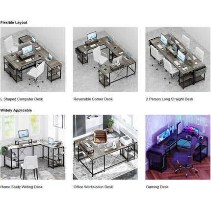 L Shaped Desk 95" Reversible Corner with Shelves Workstation Gray by Plugsus Home Furniture - Vysn