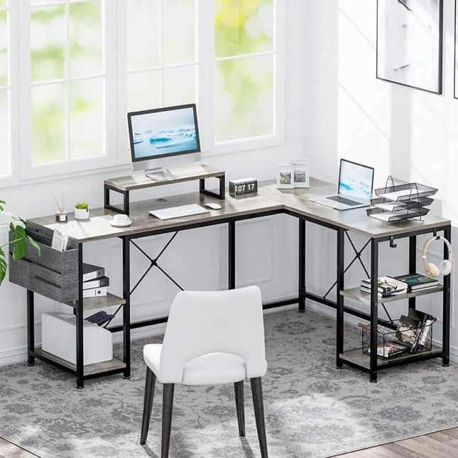 L Shaped Desk 95" Reversible Corner with Shelves Workstation Gray by Plugsus Home Furniture - Vysn
