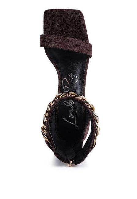 Last Sip Heeled Faux Suede Chain Strap Sandal by Blak Wardrob - Vysn