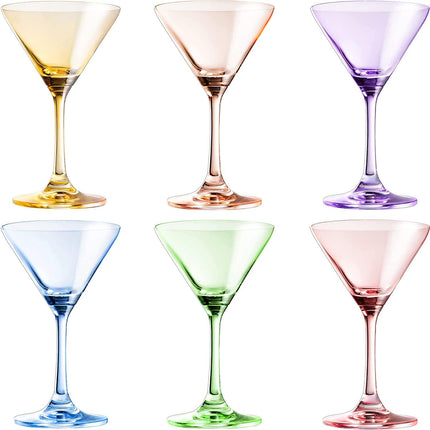 Martini Glasses Set of 6 | 8oz | Crystal Luxury Martini Glass - Elegant Colors - Premium Hand-Blown | Art Deco Cocktail Colored Coupes For Manhattan, Cosmopolitan, Sidecar, Speakeasy - Stemmed Goblets by The Wine Savant - Vysn