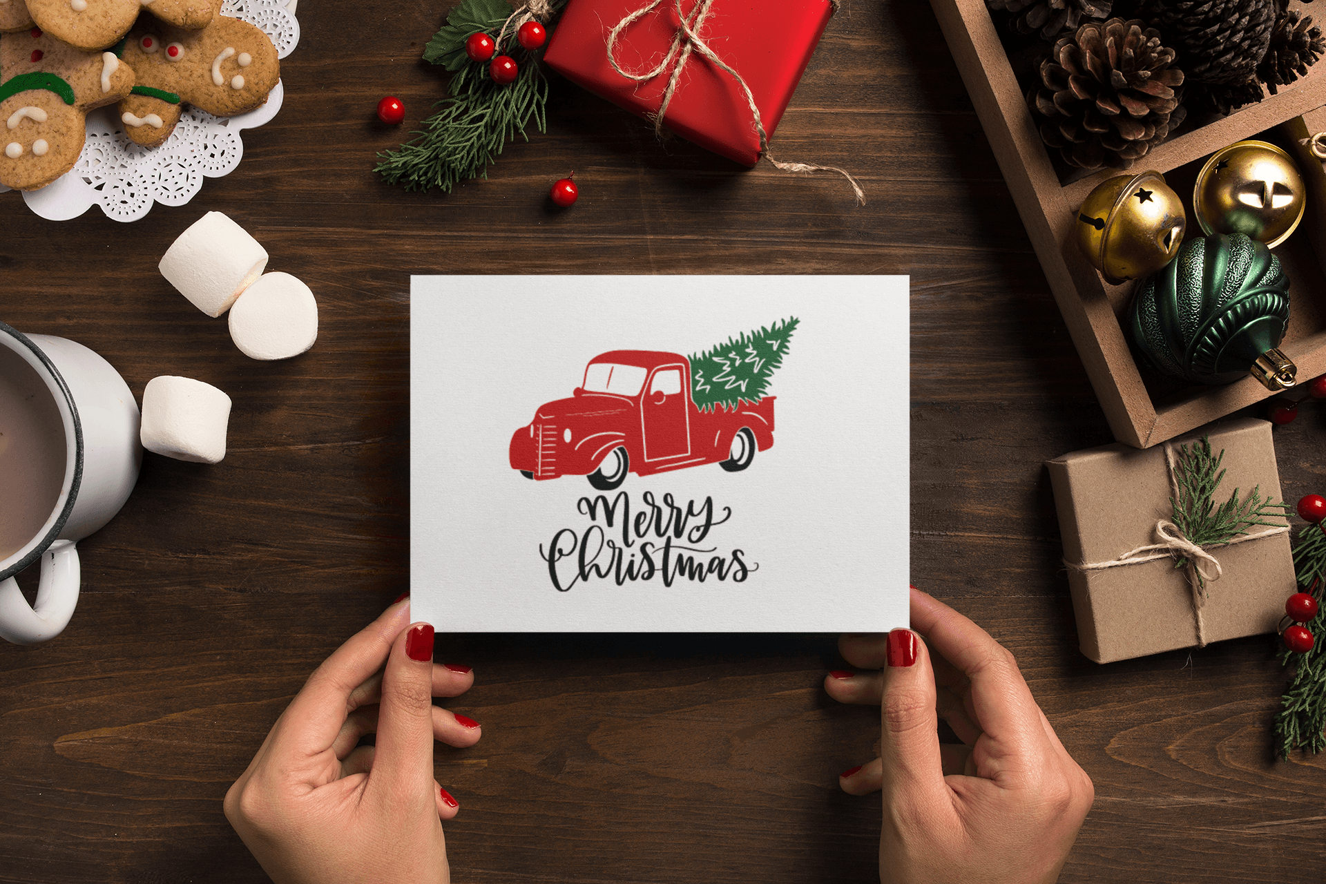 Merry Christmas Tree Red Truck Seasonal Hammered Card & Envelope by WinsterCreations™ Official Store - Vysn