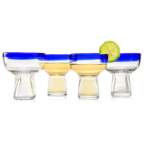 Mexican Hand Blown Blue Rim Margarita Glasses - Set of 4 - Stemless Glass Luxury Hand Blown Mexico Margarita, Martini & Champagne Glasses Cinco de Mayo Glass, Large Party Cobalt Mexico Blue Rim Design by The Wine Savant - Vysn