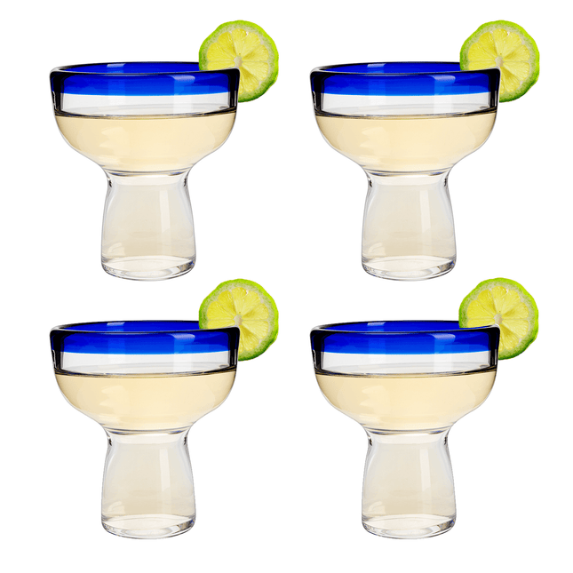 Mexican Hand Blown Blue Rim Margarita Glasses - Set of 4 - Stemless Glass Luxury Hand Blown Mexico Margarita, Martini & Champagne Glasses Cinco de Mayo Glass, Large Party Cobalt Mexico Blue Rim Design by The Wine Savant - Vysn