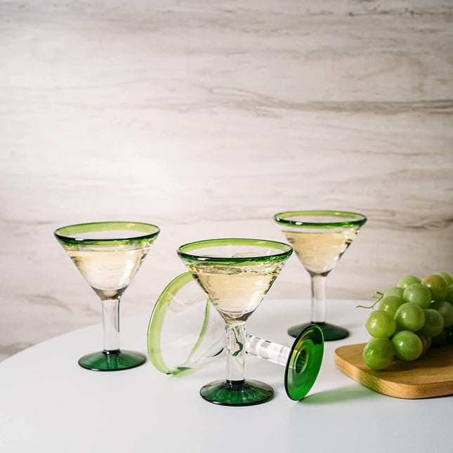 Mexican Hand Blown Martini & Margarita Glasses - Green Rim Detailed - Set of 4-10oz - Carmen Cinco de Mayo - Luxury Mexican Glassware Thick, Juice & Cocktail For Holidays & Celebration Confetti by The Wine Savant - Vysn